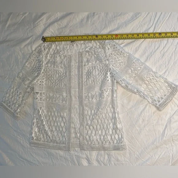 Chico’s Travelers White Open Knit Cardigan Sheer Crochet 3/4 Sleeve Jacket 4/6P - Picture 7 of 11